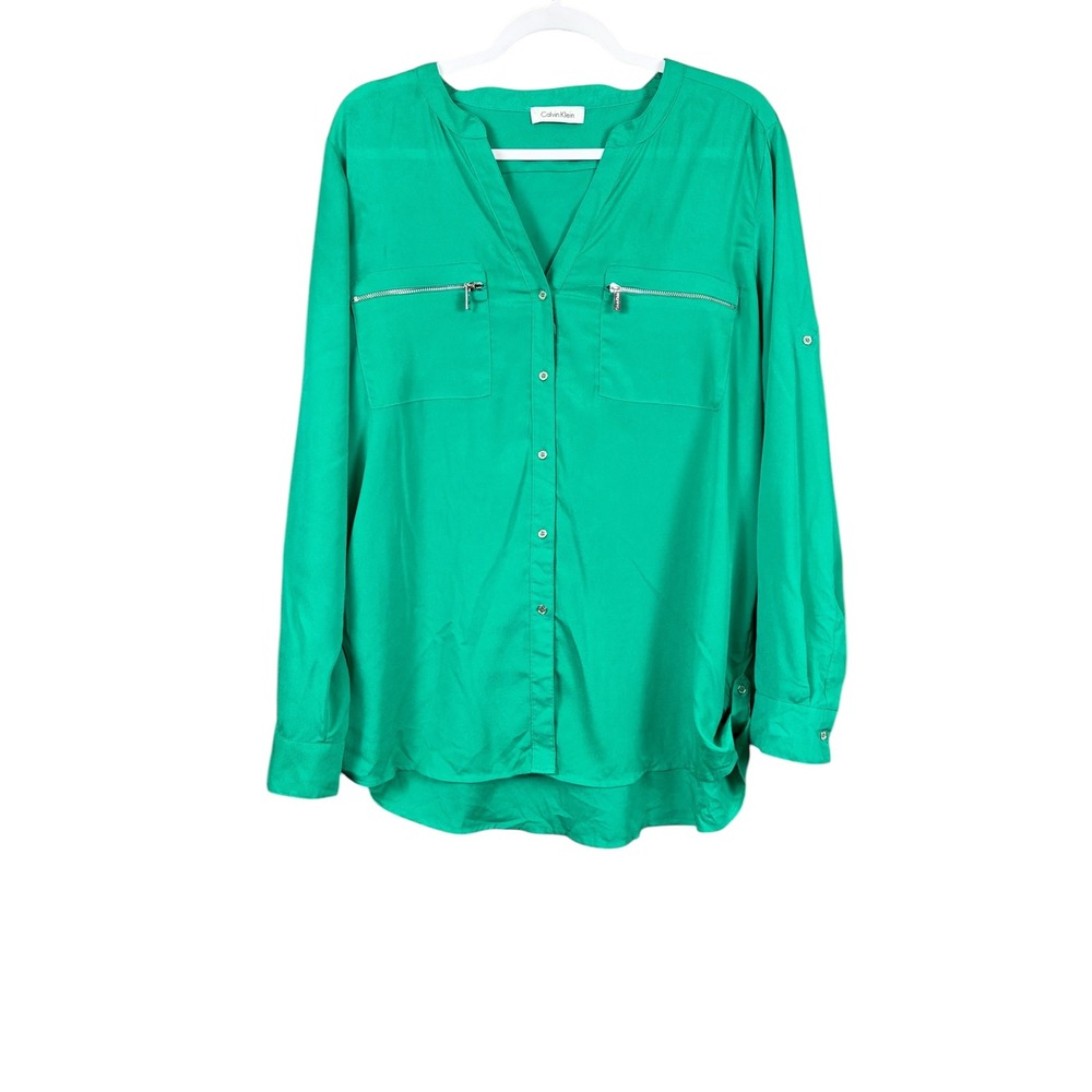 Calvin Klein Emerald Green V Neck Long Sleeve Zip Pocket Shirt Top Women's